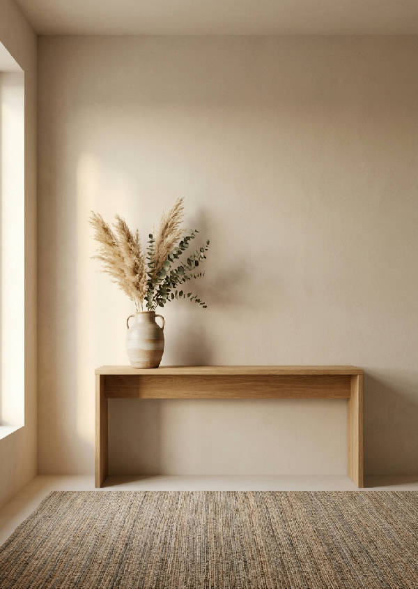 Hyperrealistisk bild av en minimalistisk hall med träkonsolbord, keramisk vas med torkade blommor, beige väggar och strukturerad matta i naturligt ljus.