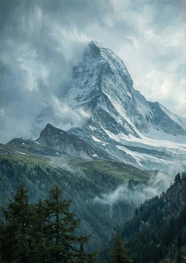 En ensam, hög alpin bergstopp delvis insvept i mjuk morgondimma, med snö på de övre sluttningarna.