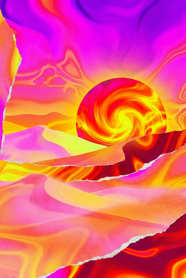 Surrealistisk landskapsaffisch med termisk bild effekt som visar sanddyner och en nedgående sol i neonrosa, orange, gula och magenta gradienter.