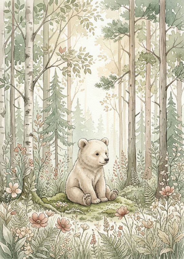 Minimalistisk akvarellillustration av en liten beige björn som sitter i en skog med mjuka gröna träd och gräs, med pastellfärger och gott om negativt utrymme. Motivet är lugnt och barnvänligt, med toner av varm beige, salviagrön, dammig rosa och ljusgrått.