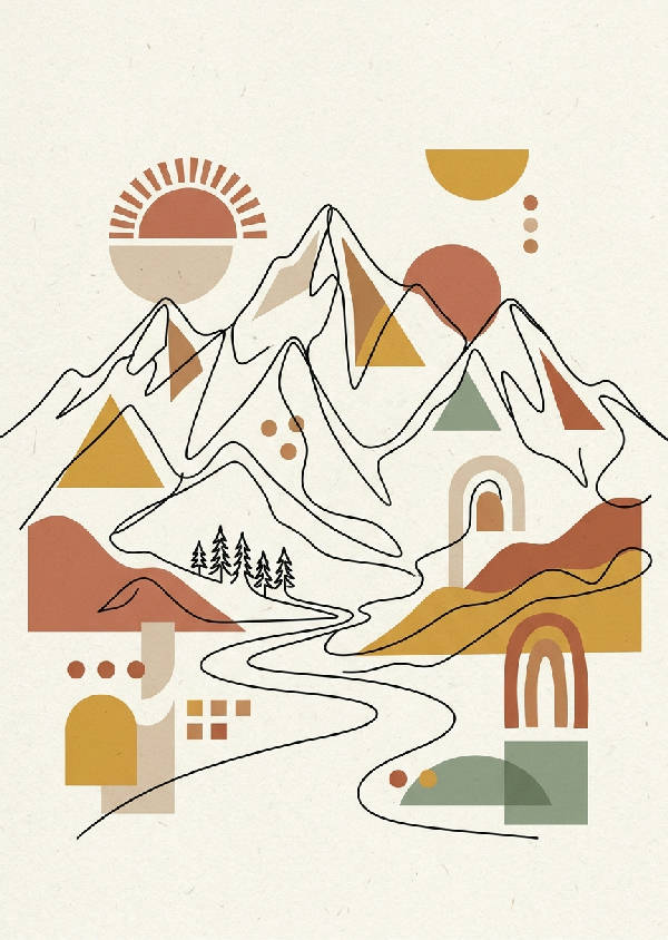 En stilren illustration av ett minimalistiskt berglandskap med en enda sammanhängande linje mot en ljus bakgrund. Porträttorienterad.