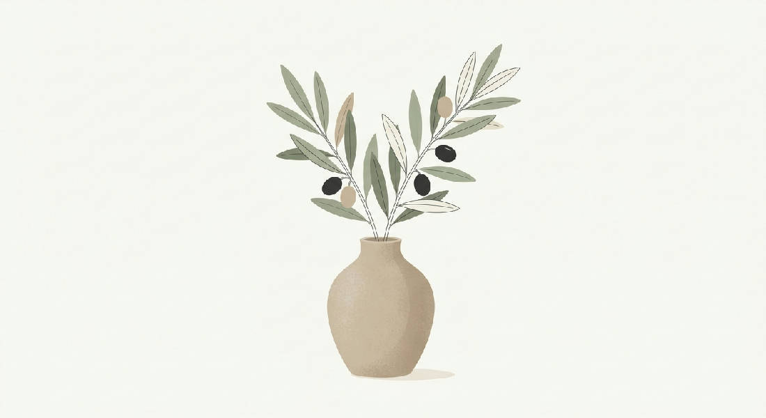 Minimalistisk illustration av en elegant olivkvist i en texturerad keramikvas, centrerad på off-white bakgrund.