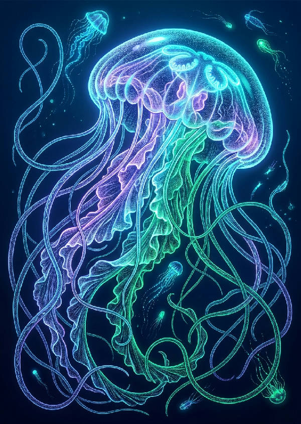 Vintage vetenskaplig illustration av en majestätisk bioluminescent manet med glödande lila, cyan och gröna tentakler mot en mörkblå bakgrund, utförd i porträttorientering