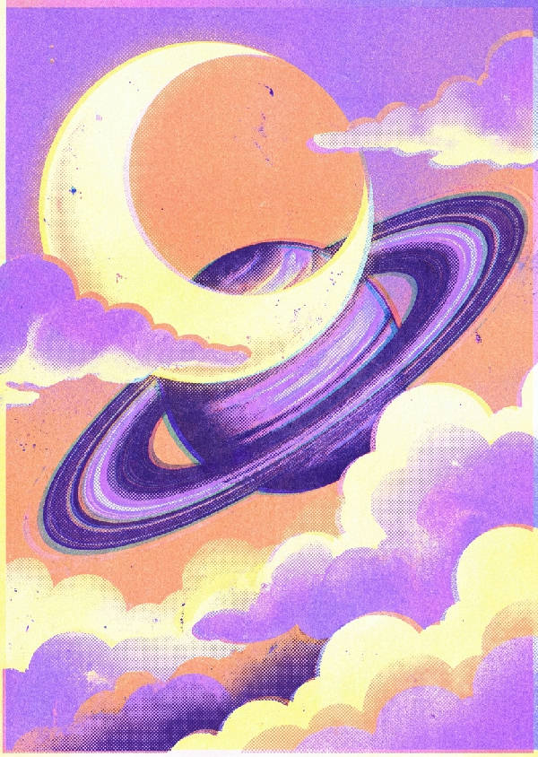Risografkonst: surrealistisk himmel med glödande måne, Saturnusringar, moln. Lavendel, mandarin, gul, violett färger.
