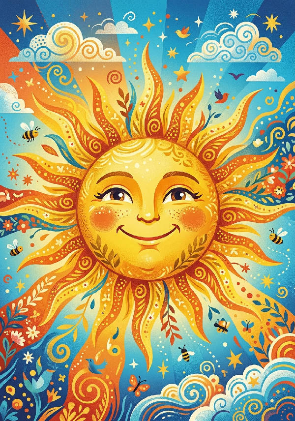 Närbild av en leende sol med ett glatt ansikte, illustrerad i en lekfull och positiv grafisk stil med strålar runt omkring