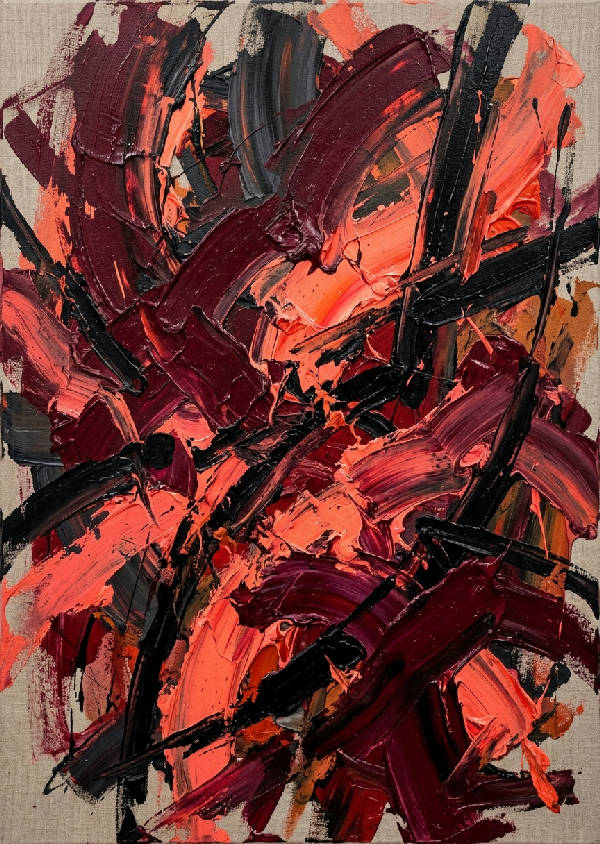 Närbild av en abstrakt expressionistisk målning med flytande former i vinrött, djuprött och korallrosa toner