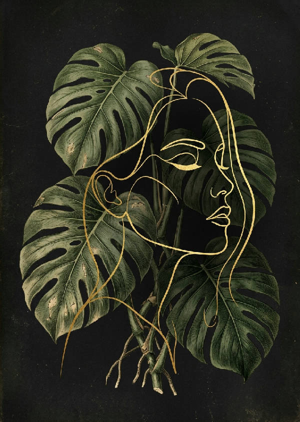 Linjekonst med vintage botaniska illustrationer i gröna och beiga toner, vertikalt format
