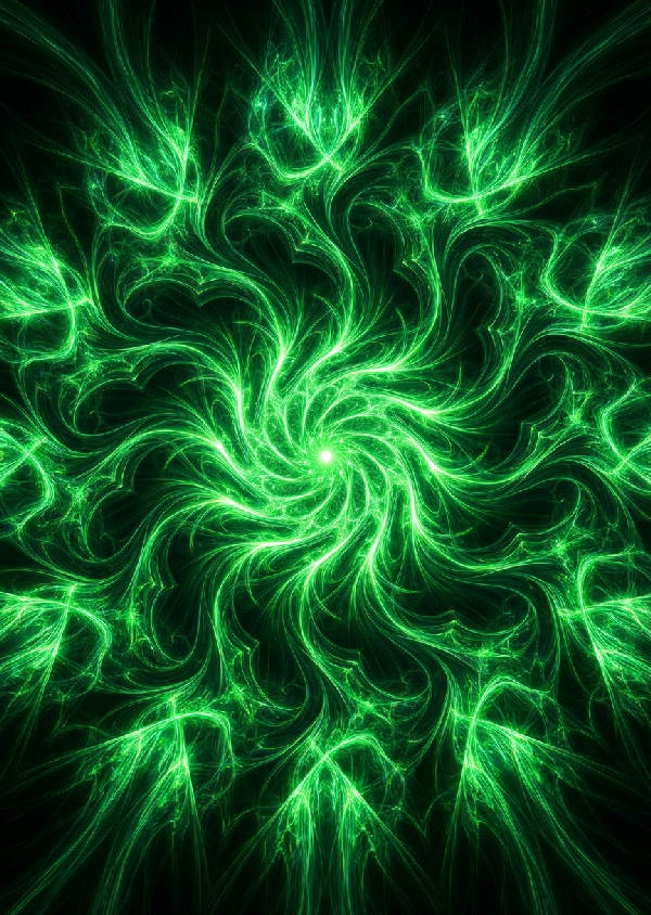 Närbild av en komplex, strålande fraktal mandala i elektriska och mörkgröna nyanser, med en ljusmitt och intrikata mönster som utvidgas.