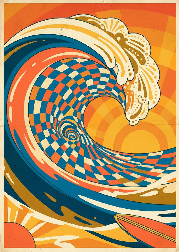 Vintage 1970-tals illustration av en stor våg med ett psykedeliskt schackrutigt mönster inuti, i blått, orange, krämvitt och gult.