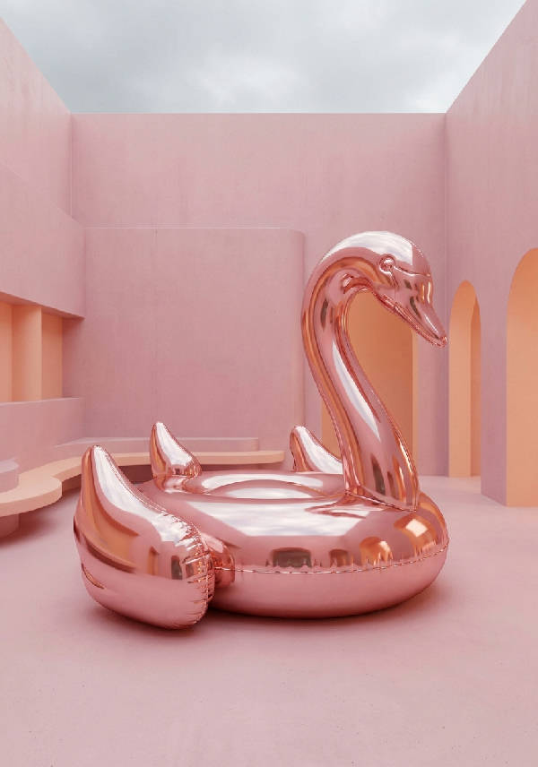 Fotorealistisk rendering av en massiv, glansig, uppblåsbar svanformad poolflotte i metallisk roséguld