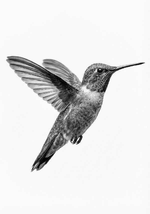 Närbild i svartvitt av en kolibri som hovrar, med fjädrarnas detaljer skarpt återgivna mot en ljus bakgrund.