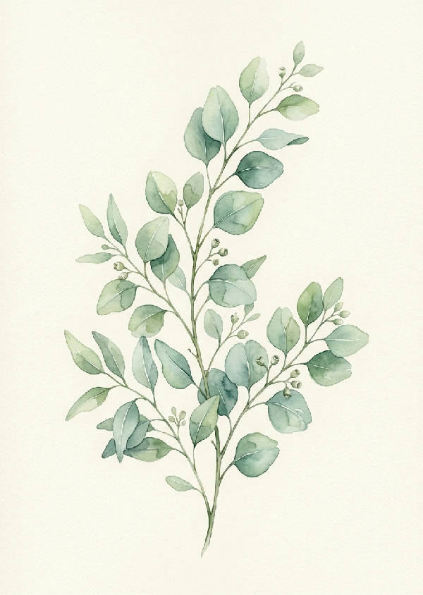 Närbild av en eukalyptuskvist med runda blad, målad i mjuka, diffusa akvarelltoner av grönt och grått