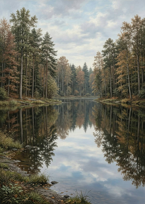 Realistisk landskapsmålning av höga träd som speglar sig perfekt i en lugn sjö, med mjuka naturliga färger och en fridfull atmosfär.