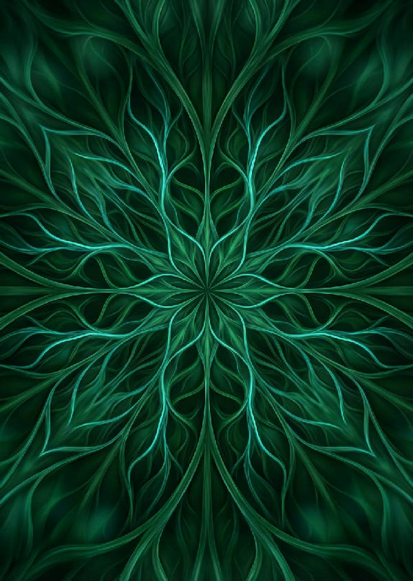 Närbild av detaljerad grön fraktal mandala i djupt smaragdgrönt och skogsgrönt med inslag av teal, porträttorienterad