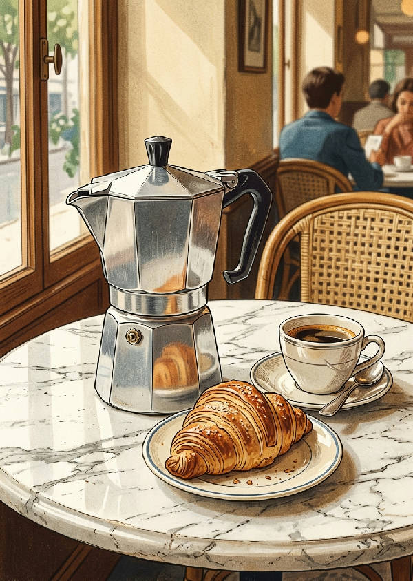En retro-stil illustration av en klassisk silverfärgad mockabryggare bredvid en gyllene croissant på ett brunt underlag, i porträttformat.