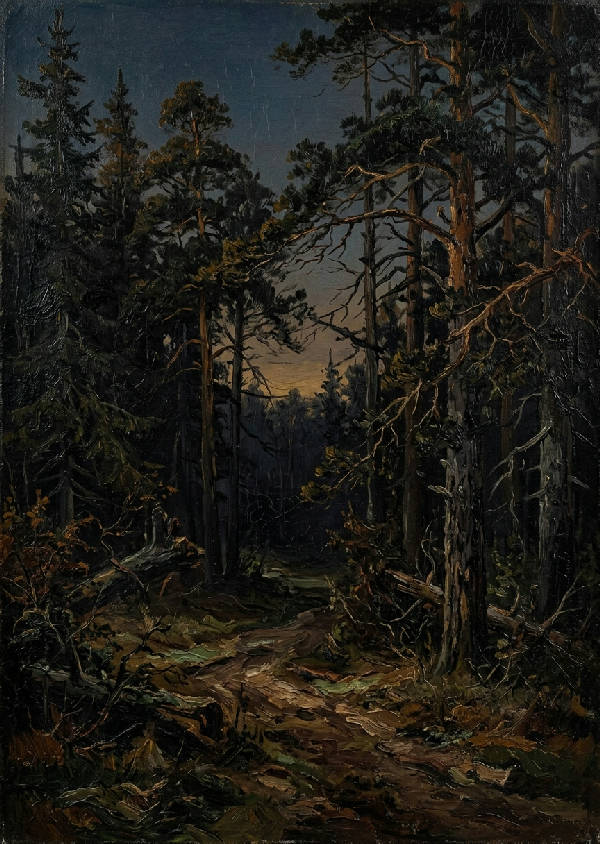 Vertikal oljemålning föreställande en tät, grön vintage skog med höga träd och mystiskt ljus.