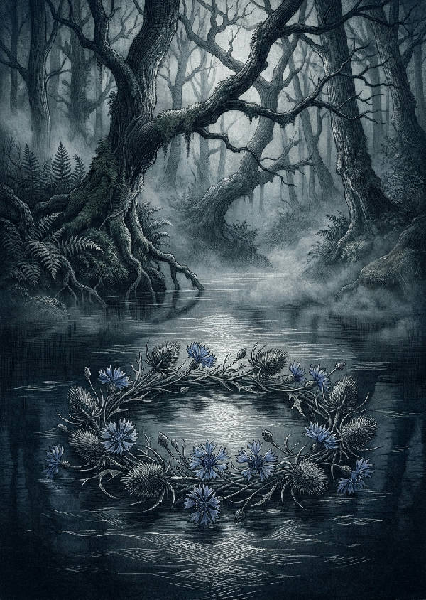 Detaljerad intaglio etsning av en blomsterkrona av vilda tistlar och blåklint som flyter på en mörk skogssjö under månljus i nordisk folklorestil.