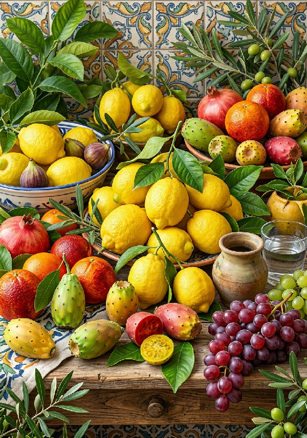 Närbild av en färgglad illustration som visar ett sicilianskt stilleben med citroner och annan frukt.