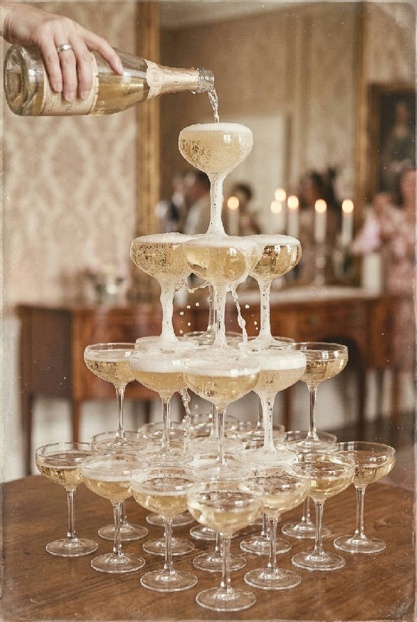 Ett champagnetorn i fyra våningar fylls på, med gyllene champagne som rinner ner mellan glasen, konstnärlig och elegant stil.
