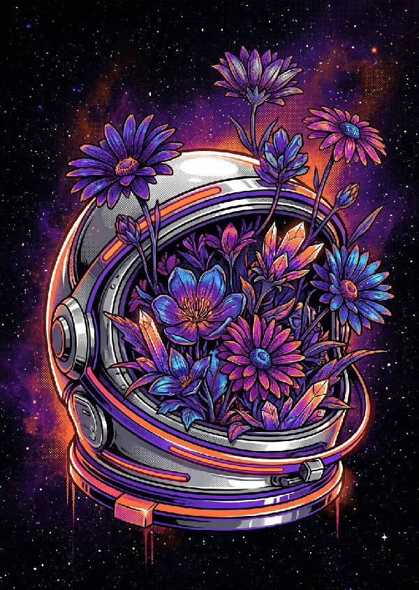 Porträtt illustration av en retro rymdhjälm i kromgrått, fungerande som en vas för neonorange och kungsblå utomjordiska blommor mot en mörk, stjärnbeströdd bakgrund.