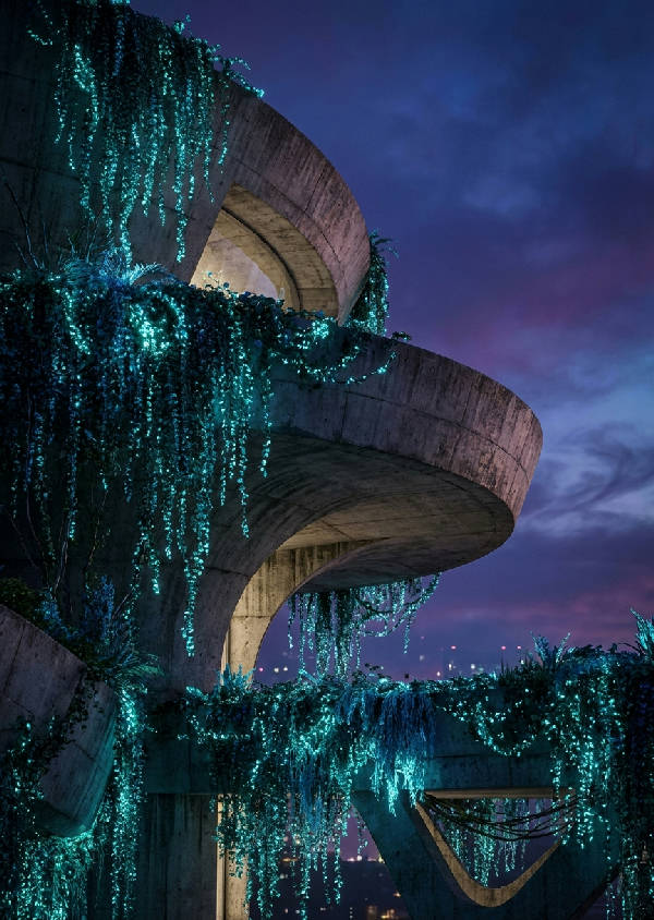 Svängd betongbalkong kraftigt övervuxen med frodiga, glödande bioluminiscenta klätterväxter i skymningen.