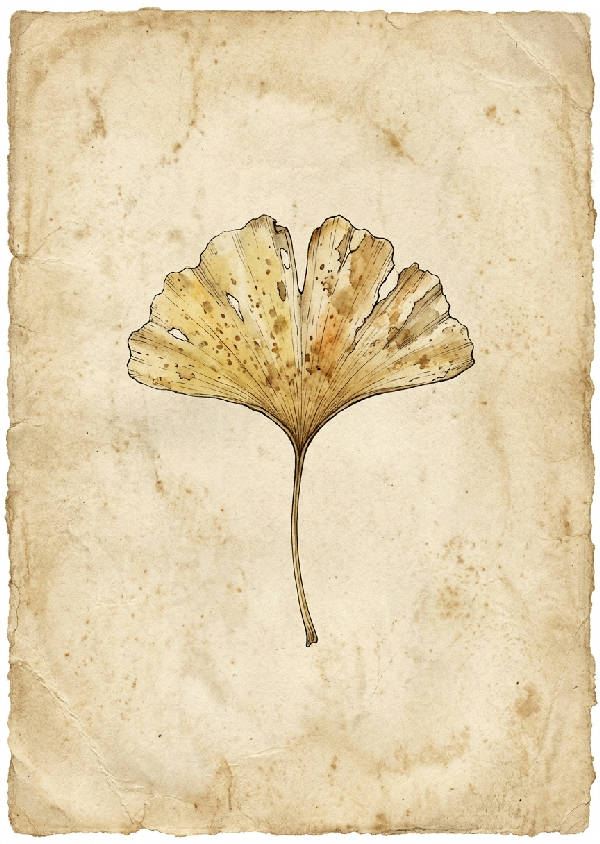 Närbild av ett ginkgoblad med tydlig vintagekänsla och textur i gröna och bruna toner, porträttorienterad