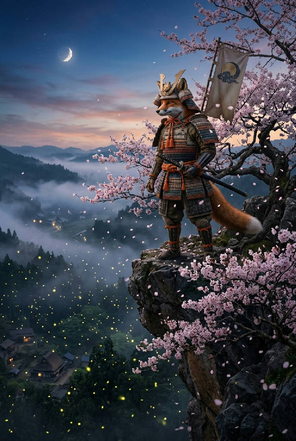 Ensamma samurairäven står i traditionell rustning på en körsbärsblomsklippa i skymningen med eldflugor som stiger över en dimmig dal i en japansk fantasiscen.