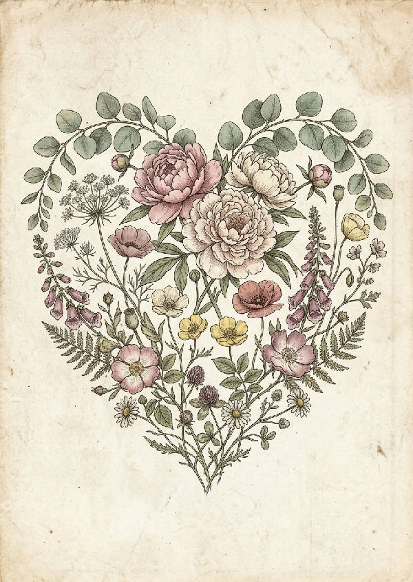 Ett romantiskt hjärta skapat av detaljerade botaniska blommor i mjuka rosa och gröna nyanser, i en vintagestil.