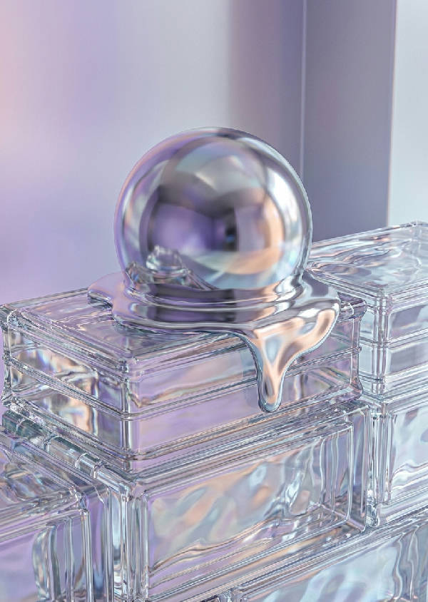 3D-render av smältande kromsfär på glasblock. Diffust ljus skapar reflektioner och kaustiska mönster i iriserande lavendel, silver, persika och isblå.