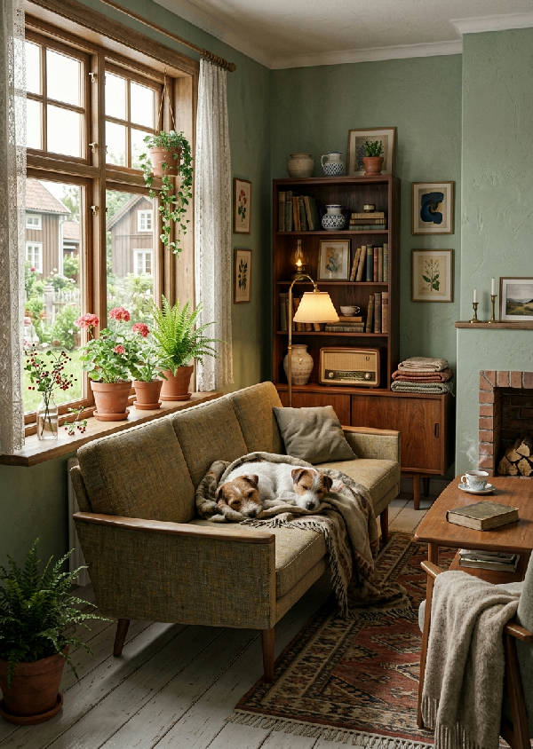 Realistisk målning av ett mysigt vintage skandinaviskt vardagsrum med en liten hund som sover på en elegant soffa, antikviteter och mjukt naturligt ljus.