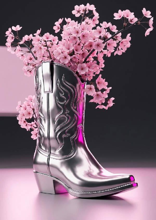 Hyperrealistisk 3D-render av en flytande krom cowboykänga som vas med rosa körsbärsblommor, reflekterar mjukt ljus.