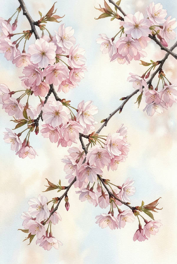 Målning av graciösa körsbärsblomgrenar med mjuka, genomskinliga lager och subtila kronbladsdetaljer