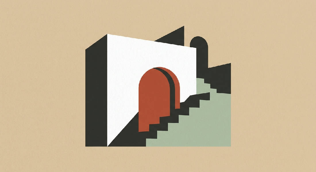 Minimalistisk Bauhaus-inspirerad arkitektonisk abstraktion med vit fasad, terracotta röd portal, mjukt salviagrön trappa och starka skuggor på en varm beige bakgrund.