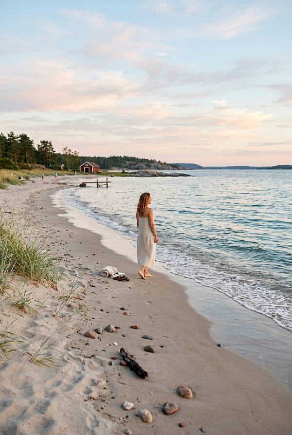 En rogivande sommarstrand med mjukt skummande vågor som rullar in mot en ljus sandstrand under en stillsam himmel i dämpade blåtoner.