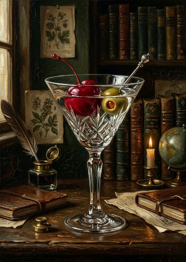 Quirky vintage stilleben med en martini-cocktail och oliv på ett bord, omgiven av retrodetaljer i dämpade färger. Porträttformat.