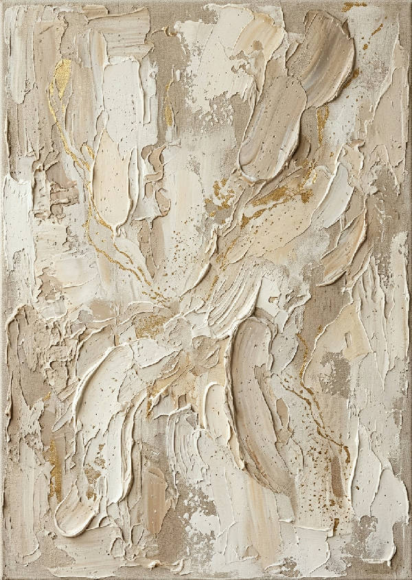 Närbild av abstrakt beige målning med framträdande impasto-struktur och jordnära toner