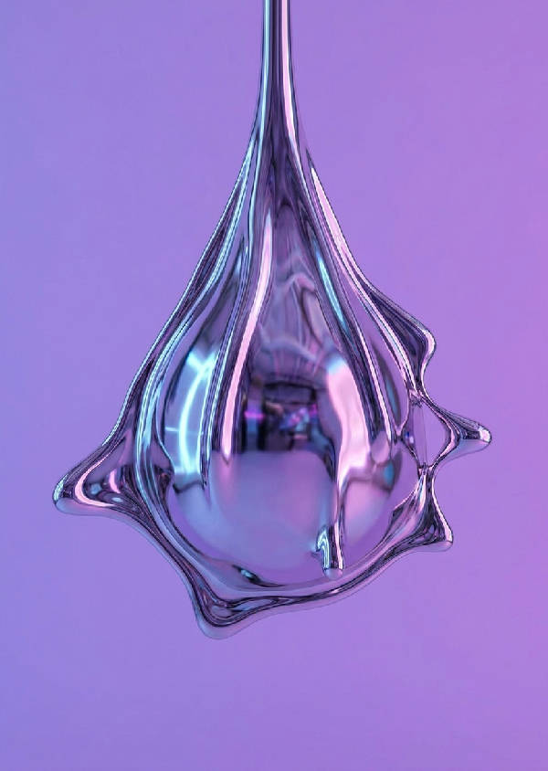 3D surrealistisk bild av en flytande, amorf kromblob frusen som en smältande tår i luften mot en matt bakgrund.