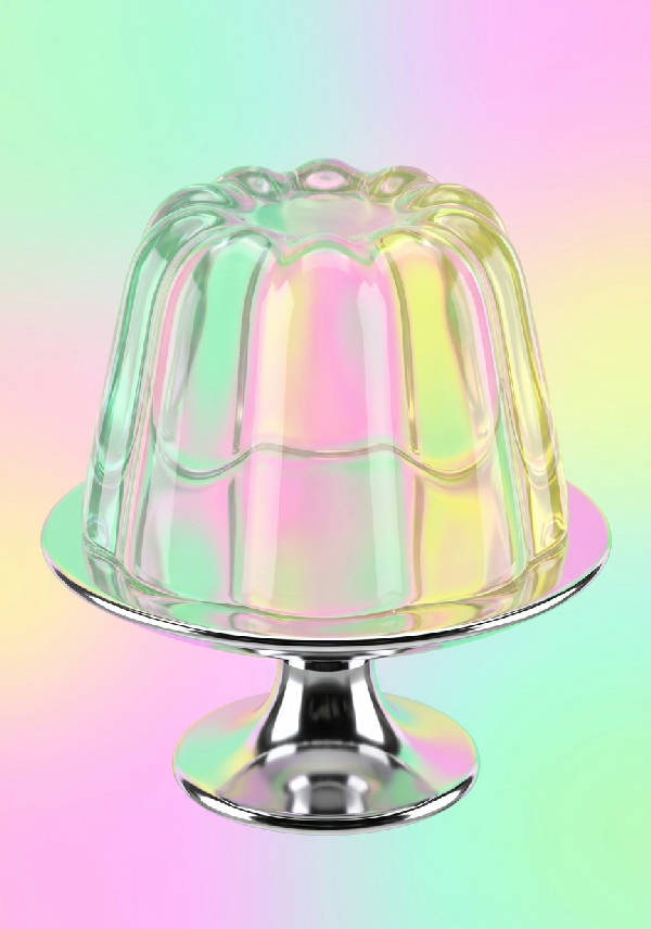 Hyperrealistisk 3D-rendering av dallrande, genomskinlig gelédessert på krompiedestal. Skimrande pastellrosa, mint, gula gradienter med glansiga reflexer.