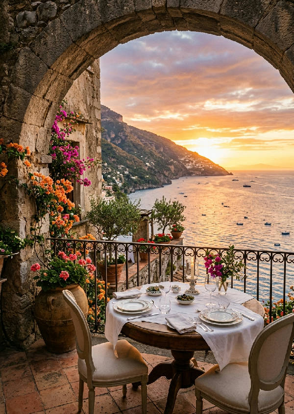 Vertikal bild av ett italienskt landskap med gröna kullar, cypresser och en stenbyggnad i fjärran under en klar himmel.