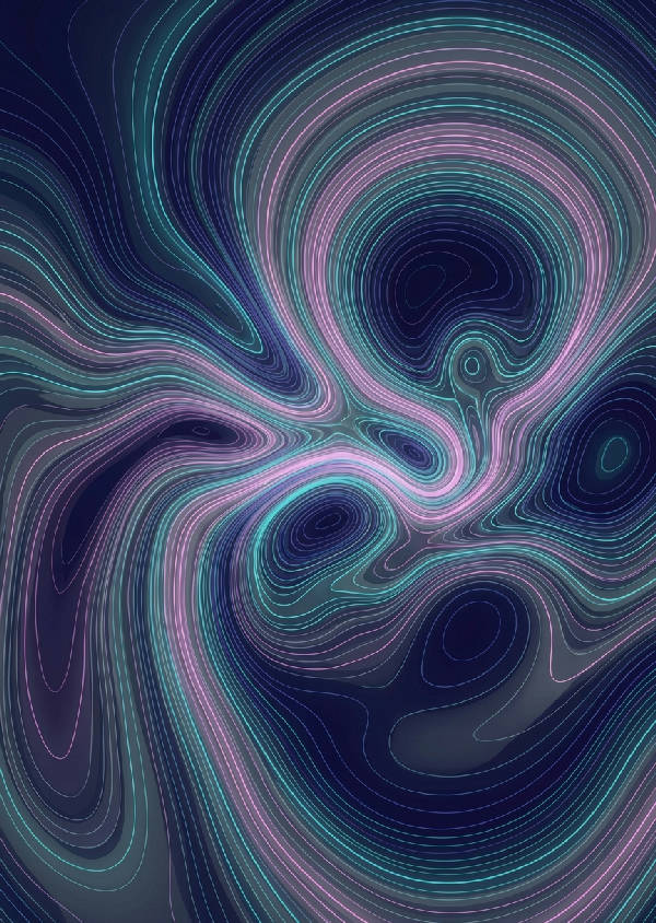 Abstrakt digital illustration av flödande topografiska konturlinjer som bildar en nebulosa i indigo, teal, magenta och skiffergrått