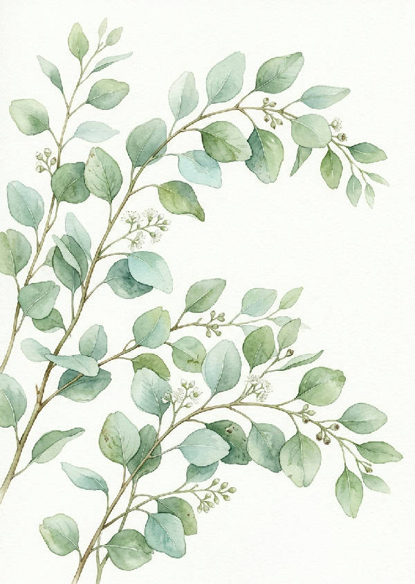 Ett porträttformat konstverk med avkopplande gröna eukalyptusblad i en mjuk akvarellstil. Bladen är fint detaljerade.