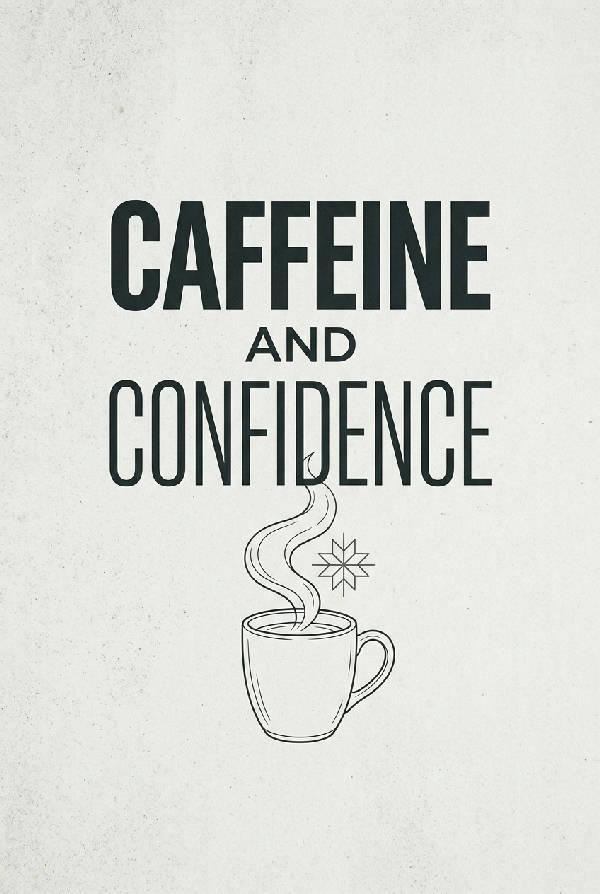 Närbild på texten 'Caffeine and Confidence' med en modern, djärv typsnitt mot en ren, neutral bakgrund.