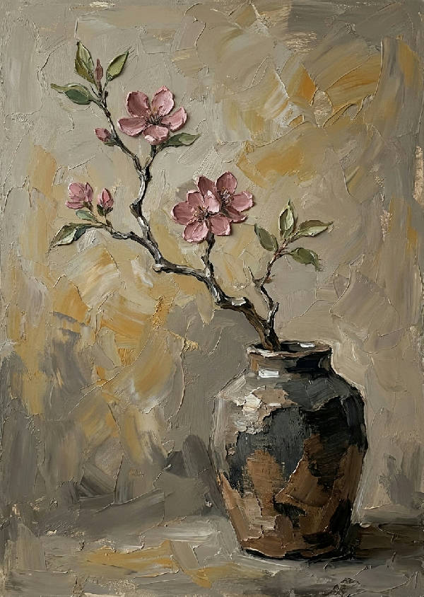 Impasto palettknivmålning av Ikebana blomsterarrangemang i en wabi-sabi keramikvas. Muted ockra, kolgrått, rå umbra, dammigt rosa. Tjocka och taktila penseldrag.