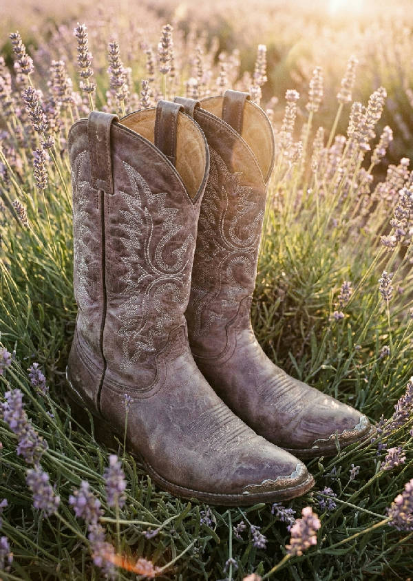 Vintage silver-tippade cowboykängor i ett fält av blommande vild lavendel under gyllene timmen, med filmkorn och mjuka linsreflexer.