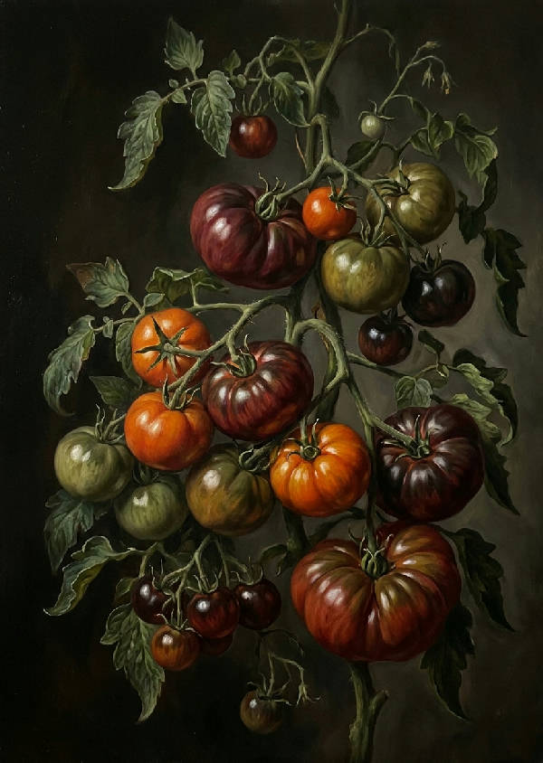 Mörkmålad oljemålning i chiaroscuro-stil föreställande en vinstock med arvegodstomater i olika stadier av mognad. Rik färgpalett med vinrött, orange, olivgrönt och svart.