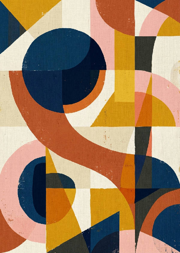 Ett porträttformat konstverk med färgstarka geometriska former och linjer i retrostil, inspirerat av 70-talet.