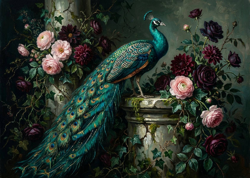 Majestätisk påfågel, turkos fjäderdräkt, på stenpelare. Mörka rosor, murgröna. Klassisk oljemålning, chiaroscuro.