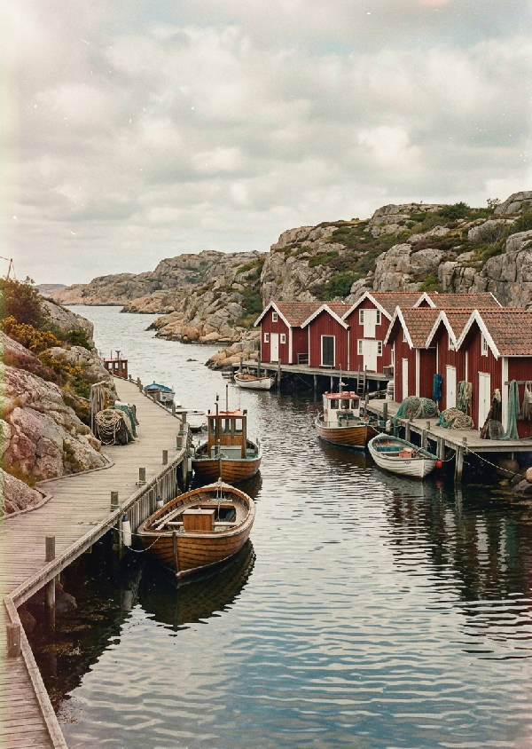 Smögens klippiga kustlinje i Bohuslän, med dramatiska klippor, klarblått vatten och en vidsträckt himmel.