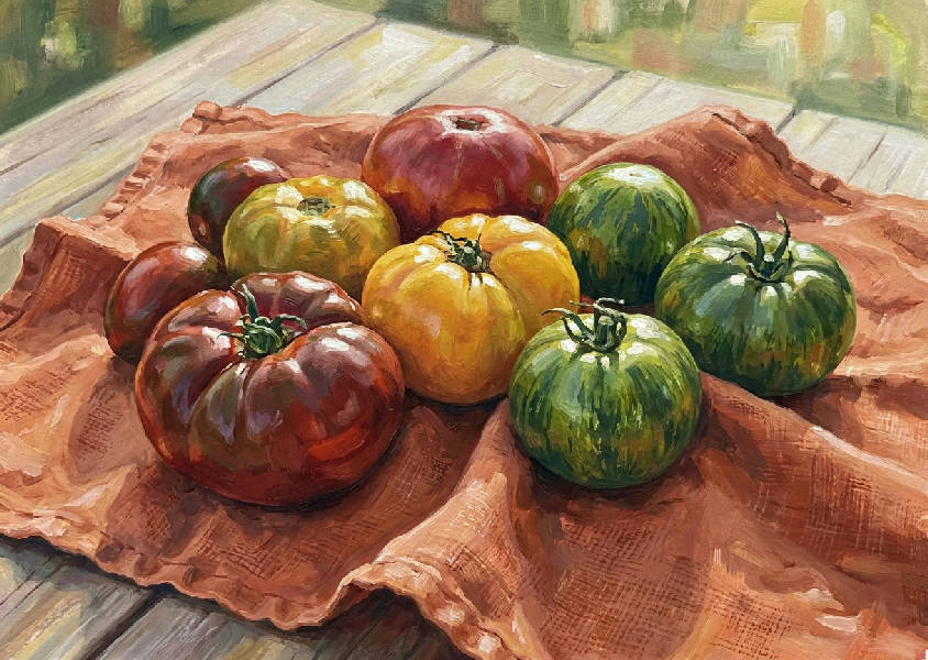 Levande gouache målning: klase röda, gula, gröna heirloom tomater på roströd linneduk. Texturerade penseldrag, full-bleed.