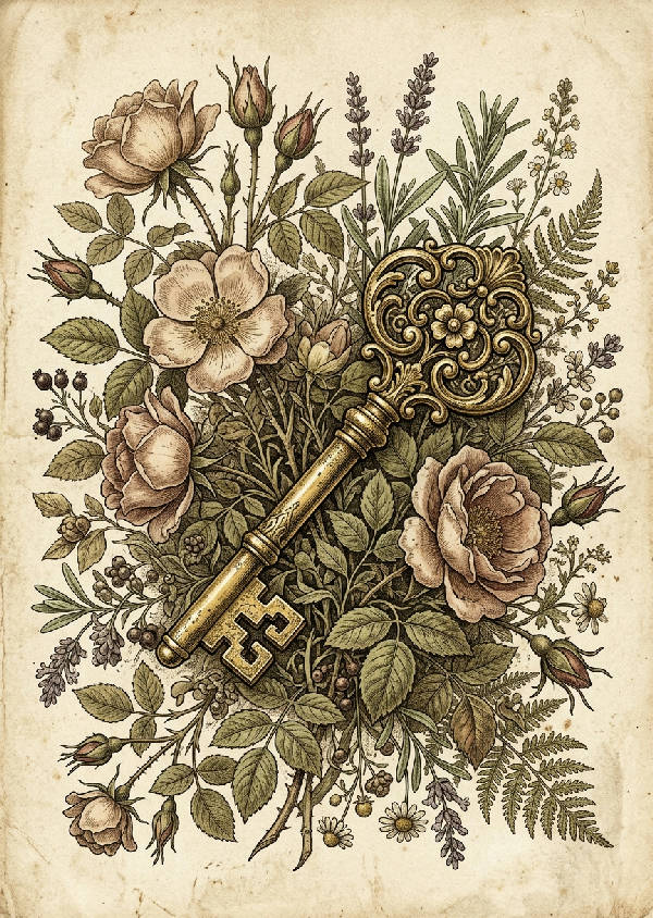 Närbild av en detaljerad vintage nyckel med intrikata mönster i bruna och beige toner på en neutral bakgrund